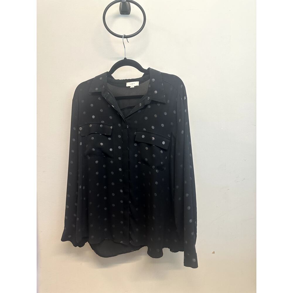 LOFT Women’s XL Black Button-Down Blouse Silver Dot Long Sleeve Shirt